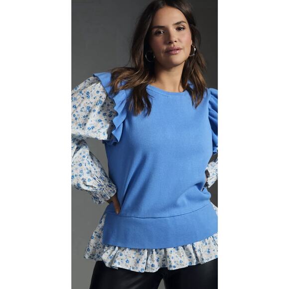 By Anthropologie Flutter Sleeve Layered Sweater Blue Floral Women’s Size 1X Boho - Picture 13 of 14